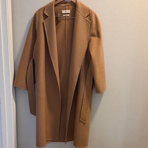 Mango Camel-Tone Long Open-Front Trench Coat